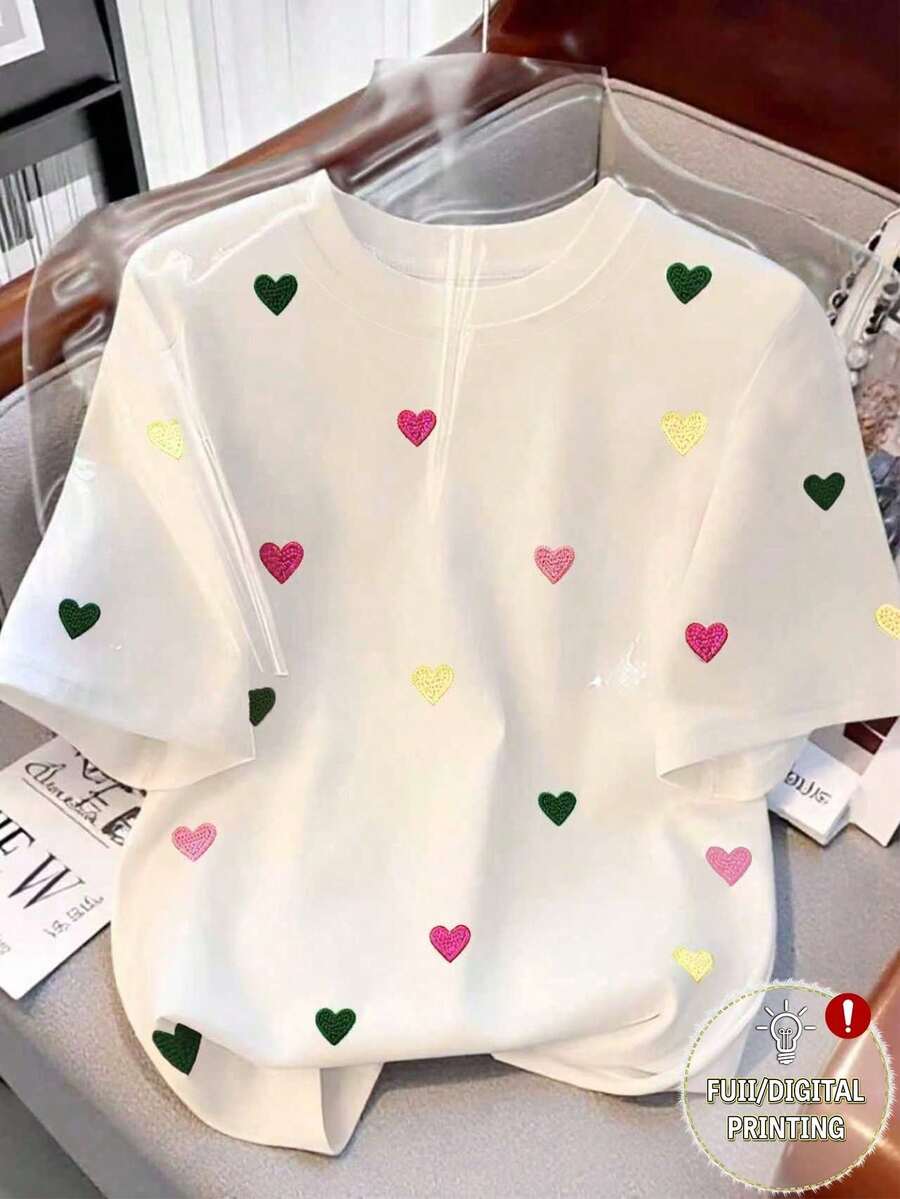 SHEIN 大码女式心形刺绣圆领宽松休闲短袖T恤 - 白色 - 查看 1
