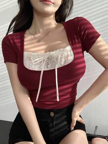 DAZY Valentine's Day Contrast Color Patchwork Short Sleeve T-Shirt For Women Summer Cute Tops Crop Top - Red - View 7