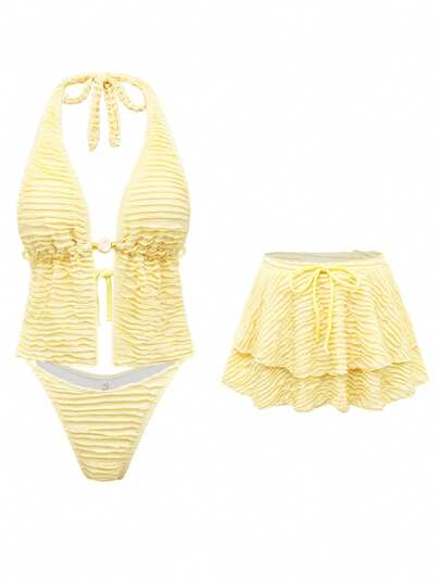  Swim Oasis Plain Skirts Knitting Bikini Set, Textured Women's Halter Tie Strap Tankini Set With Beaded Accessories