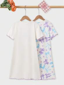 少女甜美粉色蝴蝶印花A字型两件套短袖长款睡裙家居服套装 - 彩色 - 查看 2