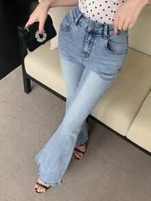 DAZY Quần jeans ống loe dáng ôm dành cho nữ, thích hợp cho mùa xuân và mùa hè. - Màu xanh lam - Xem 5