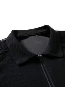 Manfinity Homme 男士夏季休闲镂空拼接 Polo 衫 - 黑色 - 查看 3