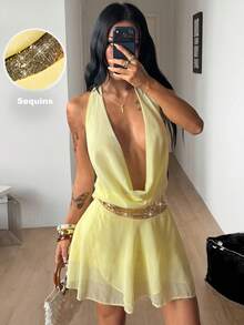 Coolane Looks de férias de verão para mulheres, looks de praia, férias tropicais, festa, estilo vintage chique, vestido curto amarelo claro com decote halter. - Ganso amarelo - Ver 4