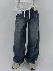 DAZY Women's Drawstring Waist Pockets Wide Leg Loose Casual Sexy Jeans Petite Swimming Pastal Summer - Blue - View 8