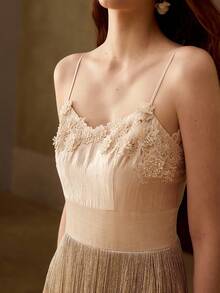 MOTF PREMIUM SPRING/SUMMER FRENCH RETRO ELEGANT DATE NIGHT LACE PATCHWORK DOUBLE-LAYER TASSEL CINCHED WAIST APRICOT LONG DRESS - Apricot - View 2