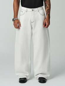 ÉpureWay Quần jeans ống rộng dáng suông, in hình nốt nhạc cổ điển và chữ "Bad" theo phong cách graffiti, kiểu dáng đường phố thường ngày. - trắng - Xem 2