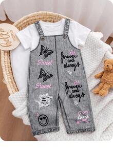 SHEIN Bộ áo liền quần cho bé gái chất liệu denim, in hình bướm, trái tim và chữ cái. - Xám - Xem 1