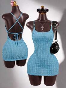 SaltGleam SaltGleam Vestido mini ajustado y con textura de unicolor y espalda descubierta para mujer - Azul - Ver 1
