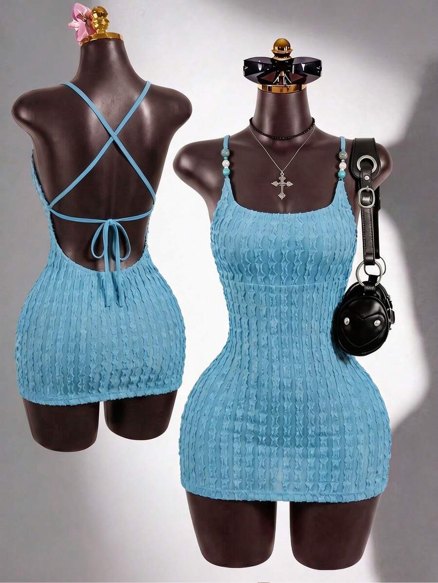 SaltGleam SaltGleam Vestido mini ajustado y con textura de unicolor y espalda descubierta para mujer - Azul - Ver 1