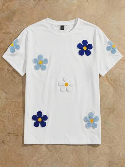 Manfinity VCAY Men's Floral Print White Round Neck Short Sleeve T-Shirt, Summer