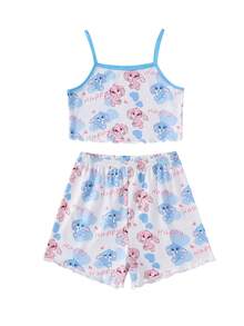 Elladie kids 【随机2套，共5套】女童甜美可爱优雅休闲舒适柔软亲肤春夏针织面料多色卡通兔子、爱心、花卉印花、涂鸦无袖吊带背心和短裤睡衣四件套 - 彩色 - 查看 9