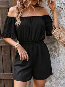 Swim Vcay Women's Summer Beach Solid Color Off Shoulder Ruffle Sleeve Drawstring Waist Casual Romper Jumpsuit - Black - View 5