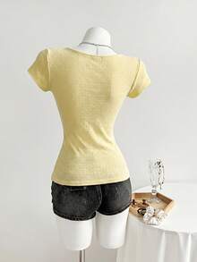 Elamini Women's Casual Commute Daily Solid V-Neck T-Shirt With Circle Detail - Yellow - View 2
