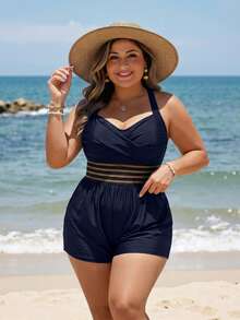 Swim Lushoire Elegant Adjustable Strap Plus Size One-Piece Palazzo Pants For Vacation - Navy Blue - View 3