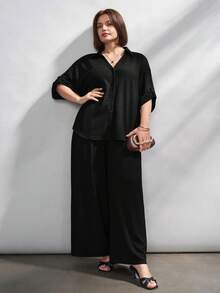 Chikora Plus Size Women's Solid Color Single-Breasted Top And Wide-Leg Pants Set, Suitable For Office Wear And Various Occasions In Summer - Black - View 6