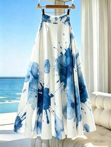 Franclia Falda evasé azul y blanca para mujer, falda con estampado floral grande efecto tie-dye - Azul y blanco - Ver 1