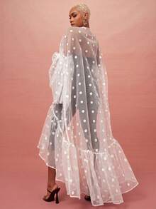 Vixey Sheer White Polka Dot Organza Ruffle Maxi Duster, Statement Top, Special Occasion, Date Dinner Night Summer Romantic Celestial - White - View 4