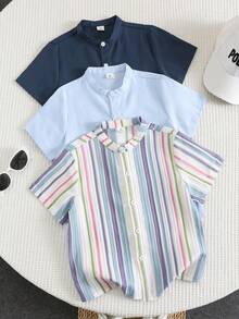 SHEIN 儿童三件套/套装 男童休闲学院风纯色立领亚麻短袖衬衫，春夏儿童纯色衬衫 儿童夏季上衣 - 彩色 - 查看 3