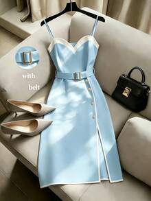 SHEIN Franclia 女士优雅收腰拼接彩色吊带派对连衣裙 - 淺藍色 - 查看 1
