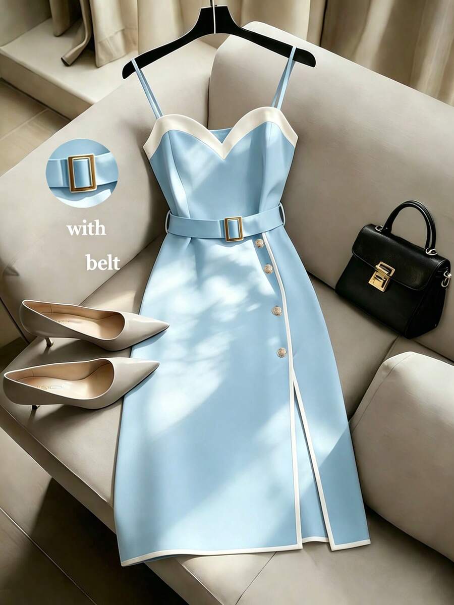 SHEIN Franclia 女士优雅收腰拼接彩色吊带派对连衣裙 - 淺藍色 - 查看 1