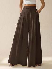 SHEIN Tall 女士纯色褶裥口袋宽松阔腿裤 - 棕色 - 查看 3