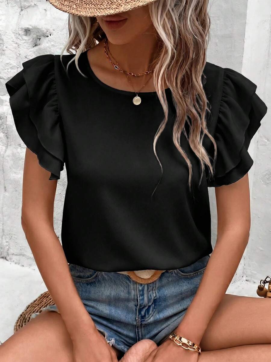 SHEIN Clasi Plus Size Women's Double Layered Ruffle Sleeve Summer Shirt,Business Casual Woman - Black - View 1