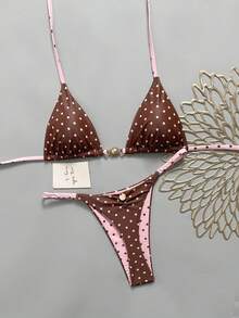 Swim Mod 女款 2026 春夏新款雙材質波點印花金屬飾件露背三角上衣 & 抓皺金屬飾件三角泳褲比基尼泳衣兩件組 - 粉色 - 查看 2