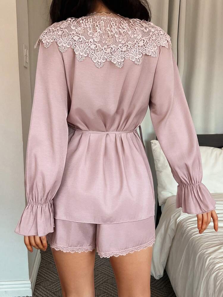 Women's Lace Patchwork Ruffle Long Sleeve Top And Shorts Casual Loungewear Set