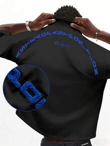 Manfinity Hypemode 男士短袖T恤，刺繡毛巾布料，百搭時尚舒適休閒上衣，度假風 - 黑色 - 查看 1