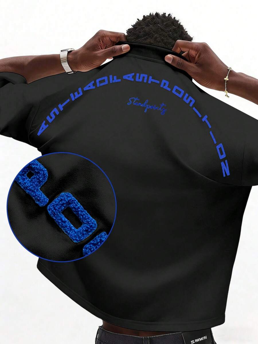 Manfinity Hypemode 男士短袖T恤,刺繡毛巾布料,百搭時尚舒適休閒上衣,度假風 - 黑色 - 查看 1