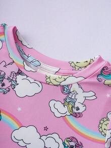 My Little Pony X SHEIN Áo liền quần tay ngắn cổ tròn in hình hoạt hình cho bé gái - Hồng - Xem 3