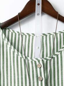 SHEIN LUNE Plus Size Women's Cotton Linen Blue And White Round Neck Front Button 3/4 Sleeve Casual Vacation Shirt Vacation Summer - Green - View 3