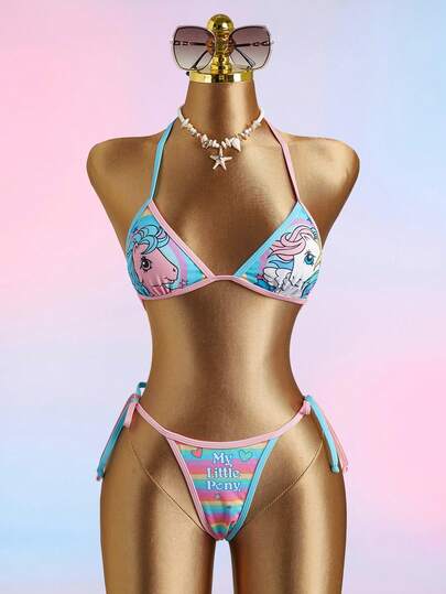 My Little Pony X SHEIN 女士夏季沙滩独角兽印花露背系带性感比基尼泳衣套装
