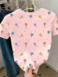 SHEIN 年轻女孩休闲舒适时尚简约创意可爱雏菊印花短袖T恤，全身印花，适合春夏日常穿着。 - 彩色 - 查看 2