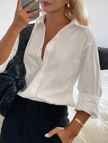 DAZY Women's Solid Color Single-Breasted Casual/Work Long Sleeve Shirt - Beige - View 6
