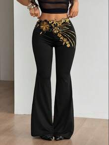 SHEIN ICON Quần ống loe bất đối xứng thêu sequin dành cho nữ, kiểu dáng retro, thích hợp cho kỳ nghỉ. - màu đen - Xem 1