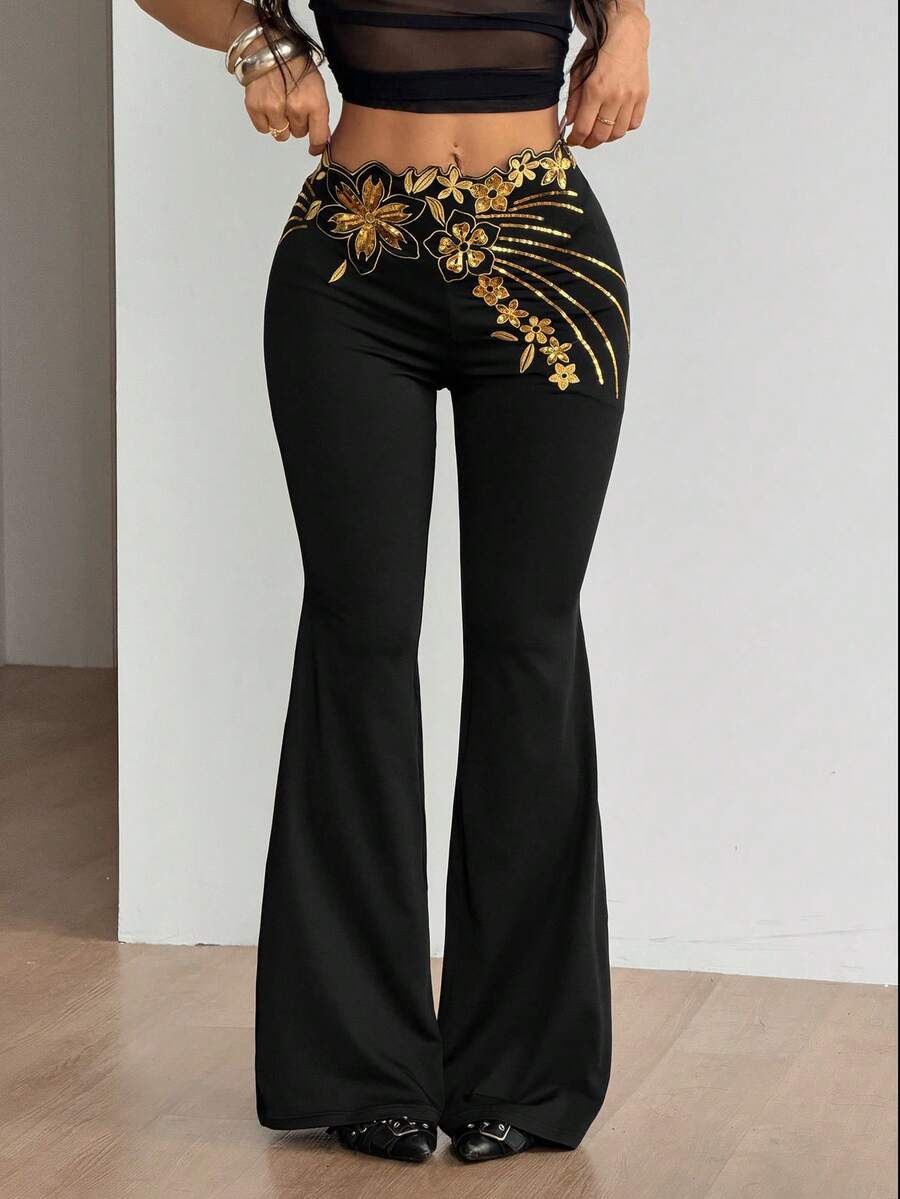 SHEIN ICON Quần ống loe bất đối xứng thêu sequin dành cho nữ, kiểu dáng retro, thích hợp cho kỳ nghỉ. - màu đen - Xem 1