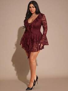 SHEIN BAE Plus Size Women's Black Lace Mini Ruffle Hem Dress, Spring/Summer - Burgundy - View 5