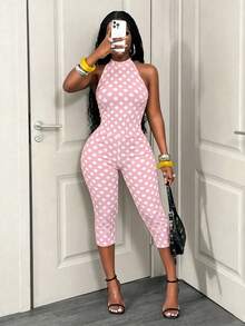 BamGleam Tight-Fitting Milk Silk Elastic Fabric Bright Color Polka Dot Print Halter Tie-Up Backless Sleeveless Capri Pants Casual Fashionable Women Jumpsuit - Pink - View 6