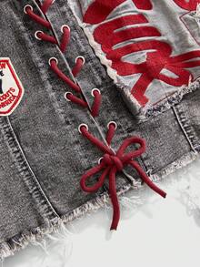 ROMWE Avant Áo crop top denim gợi cảm kiểu dáng thể thao Y2K retro dành cho nữ, chất liệu jersey, phối cùng áo thun ba lê, in logo đồ họa và dây buộc, cạp thấp. - Xám - Xem 4