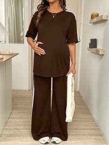 SHEIN 两件套孕妇休闲舒适侧条纹上衣和裤子套装 - 棕色 - 查看 4