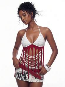 BamGleam Damen Rot-Weißes Y2K Rückenfreies Quasten-Ripped-Mehrschicht-Spaghetti-Träger-Haltertop, Sommerurlaub Rave Top - Rot-Weiß - Übersicht 1