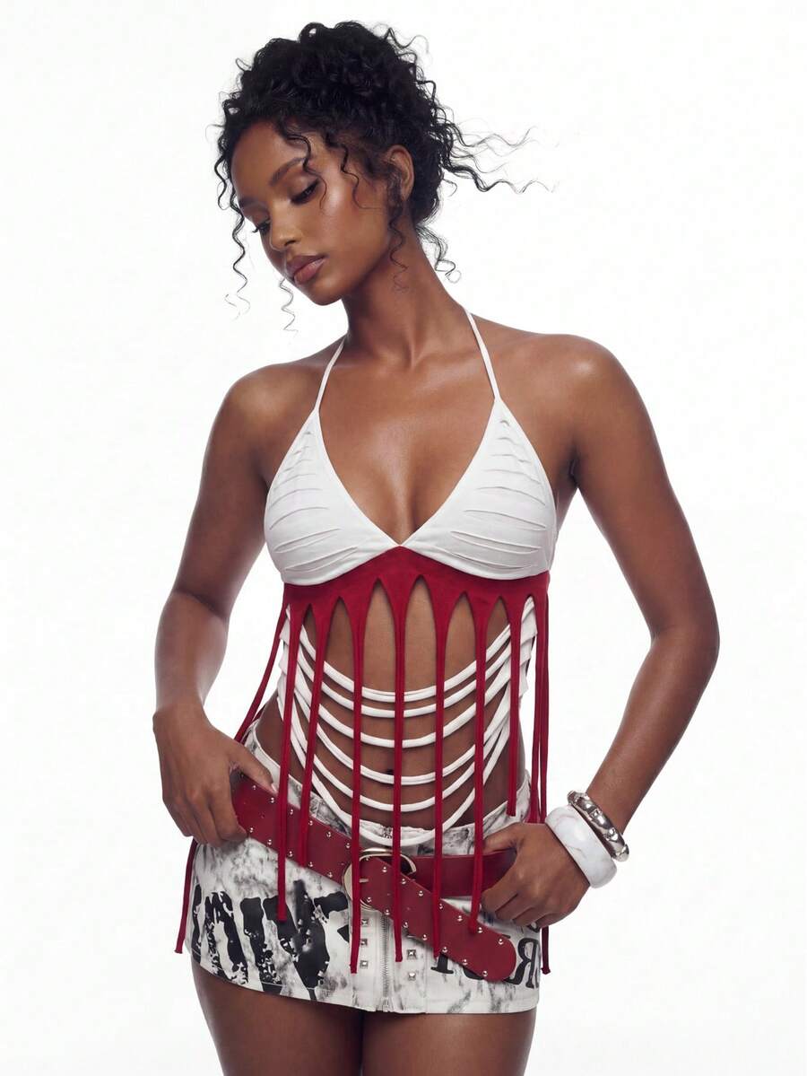 BamGleam Damen Rot-Weißes Y2K Rückenfreies Quasten-Ripped-Mehrschicht-Spaghetti-Träger-Haltertop, Sommerurlaub Rave Top - Rot-Weiß - Übersicht 1