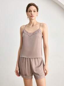 Ocili 2pcs Comfortable Minimalist Satin Lace V-Neck Camisole And Pants Pajama Set For Women - Khaki - View 5