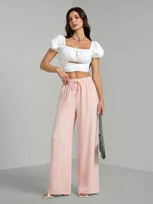 SHEIN Tall Pantalones sueltos con cintura de cordón en tela texturizada arrugada, para mujeres altas - Rosa Pálido - Ver 4