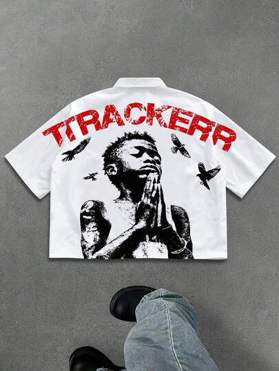 Manfinity EMRG Prayer Portrait Print Short Shirt For Men, Vintage Letter Print Short Sleeve Top, Street Style Portrait & Bird Graphic Tee, Men's Short Street Casual Shirt