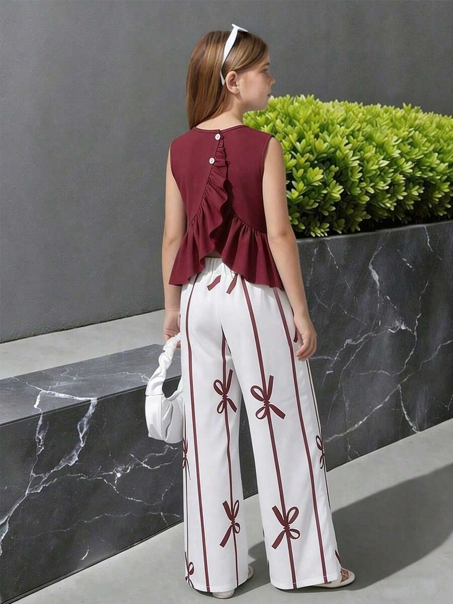 SHEIN Sparklyn 两件套少女无袖荷叶边露背背心和蝴蝶结印花长裤夏季套装,适合外出、度假、购物,休闲百搭 - 彩色 - 查看 1