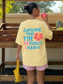 Women's Oversized T-Shirt With Pink And Red Striped Slogan Print, Casual Summer Holiday Style, Loose Fit, Round Neck, Short Sleeve, Comfortable - 淺黃色 2 - 查看 3