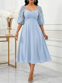 SHEIN Lady Women's Elegant Ellegant Light Blue Midi Dress With Sweetheart Neckline And Lace Balloon Sleeves Perfect For Parties Wedding,Dresses For Women Summer - Baby Blue - View 4