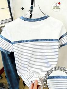 Áo thun ngắn tay kẻ sọc phối vải denim cổ điển, in hình chó xúc xích, cổ tròn, dành cho thiếu nữ. - Nhiều màu - Xem 2